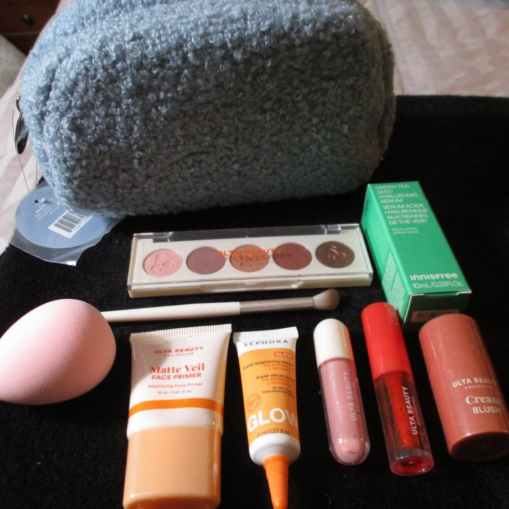 Lot of Ulta Sephora Beauty Mini Travel Cosmetics with Fuzzy Cosmetic Case NEW